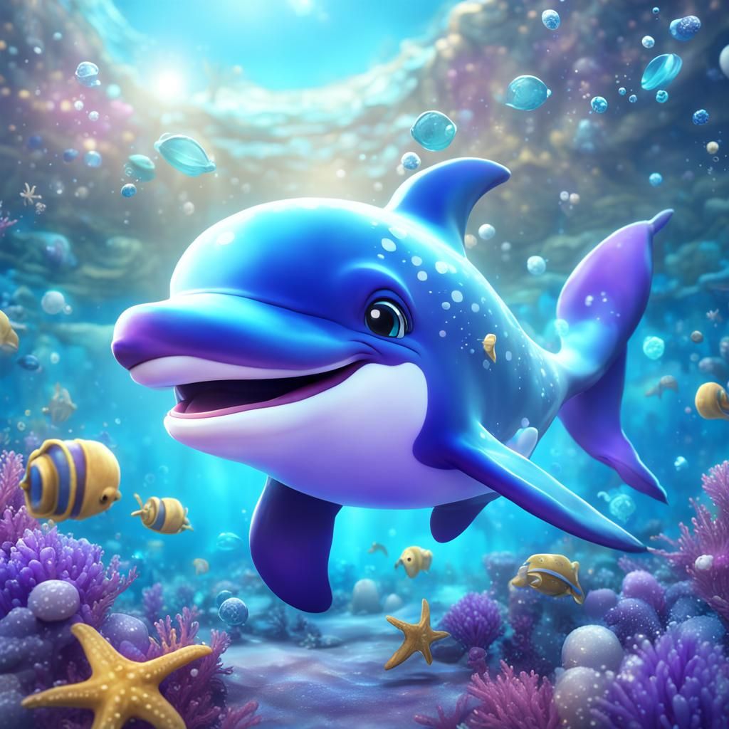 Chibi Dolphin in Colorful Underwater Fantasy Art