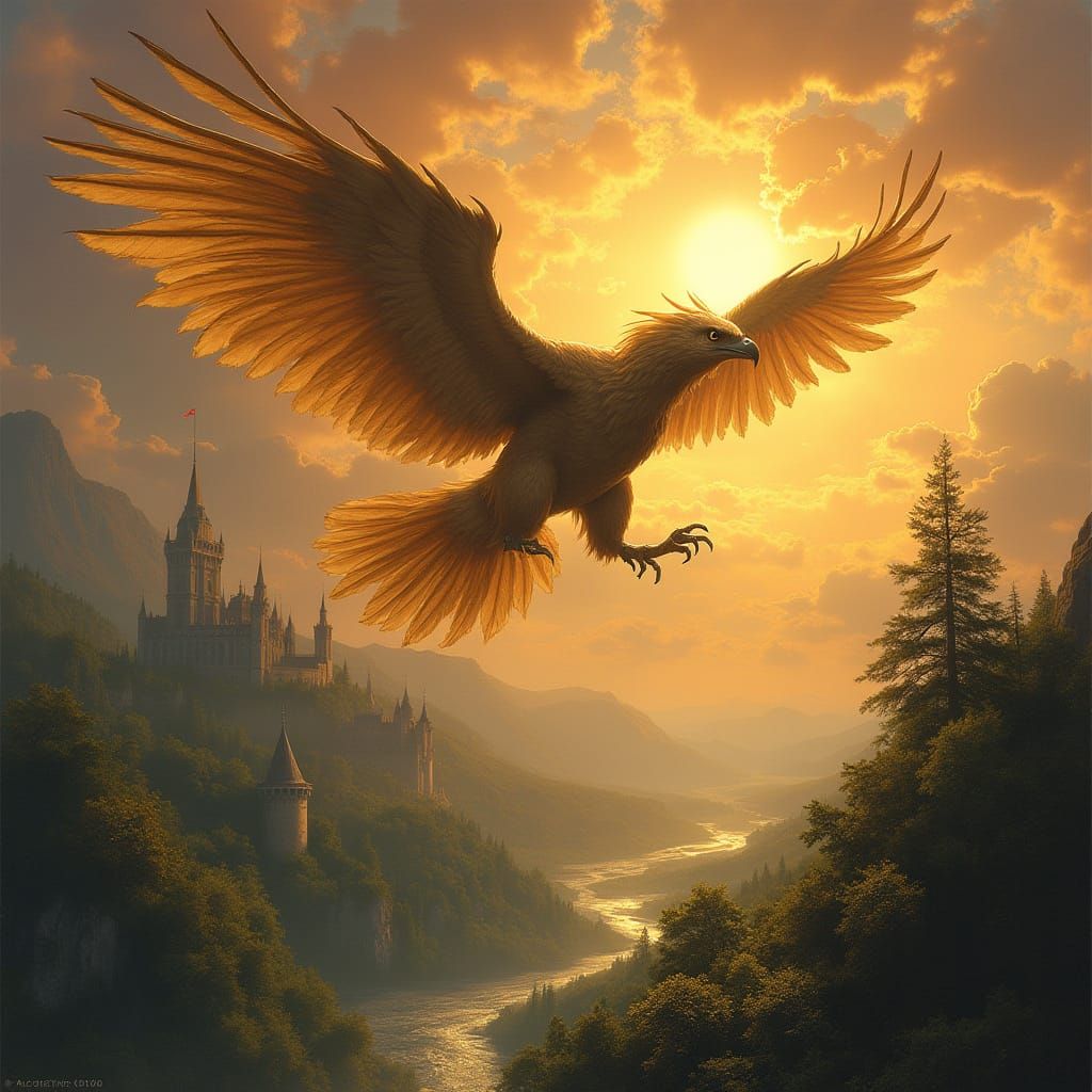 Griffin Soaring Over Fantasy Landscape in Classic Art Style