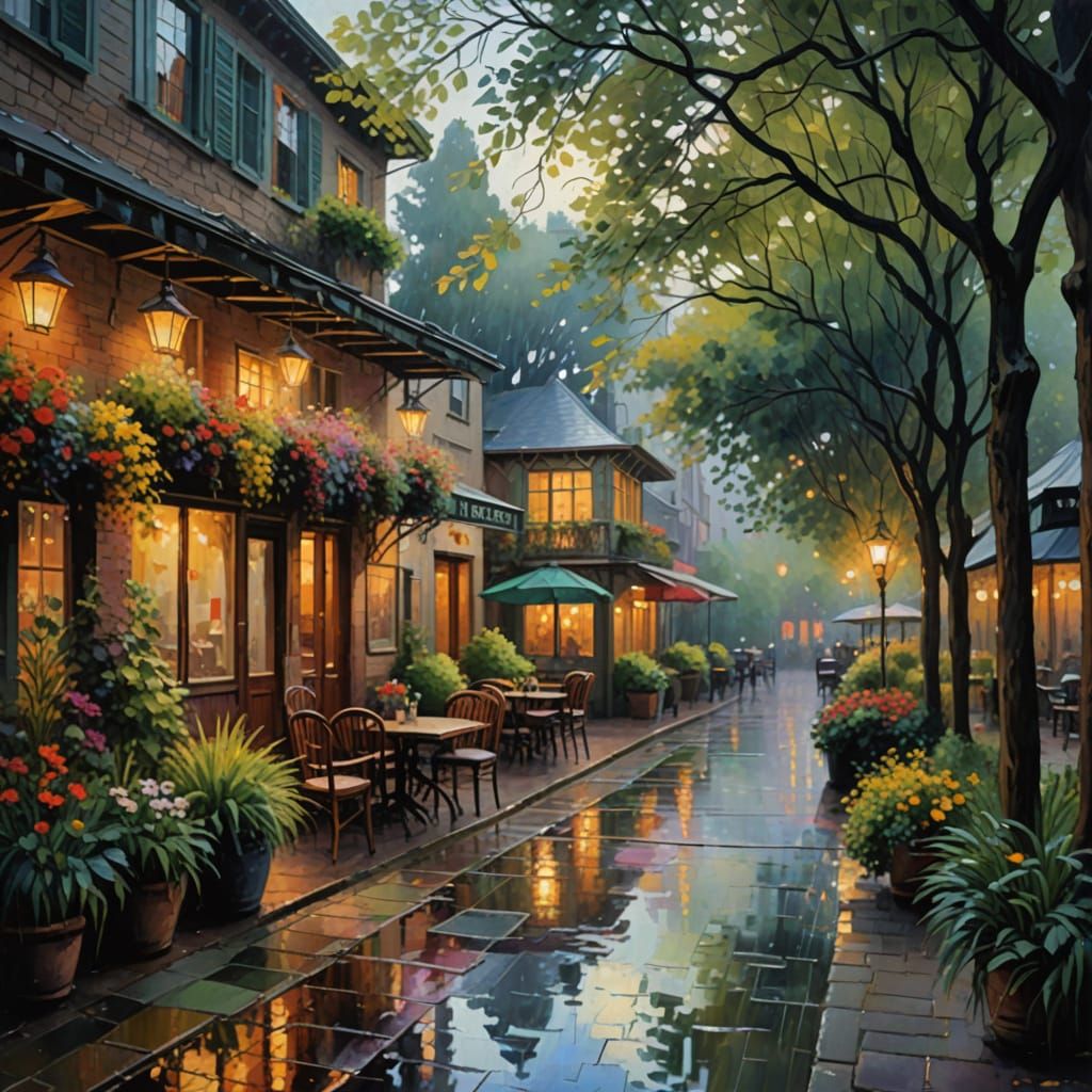 Rainy Cafe: Impressionist Watercolor Painting with Soft Ligh...