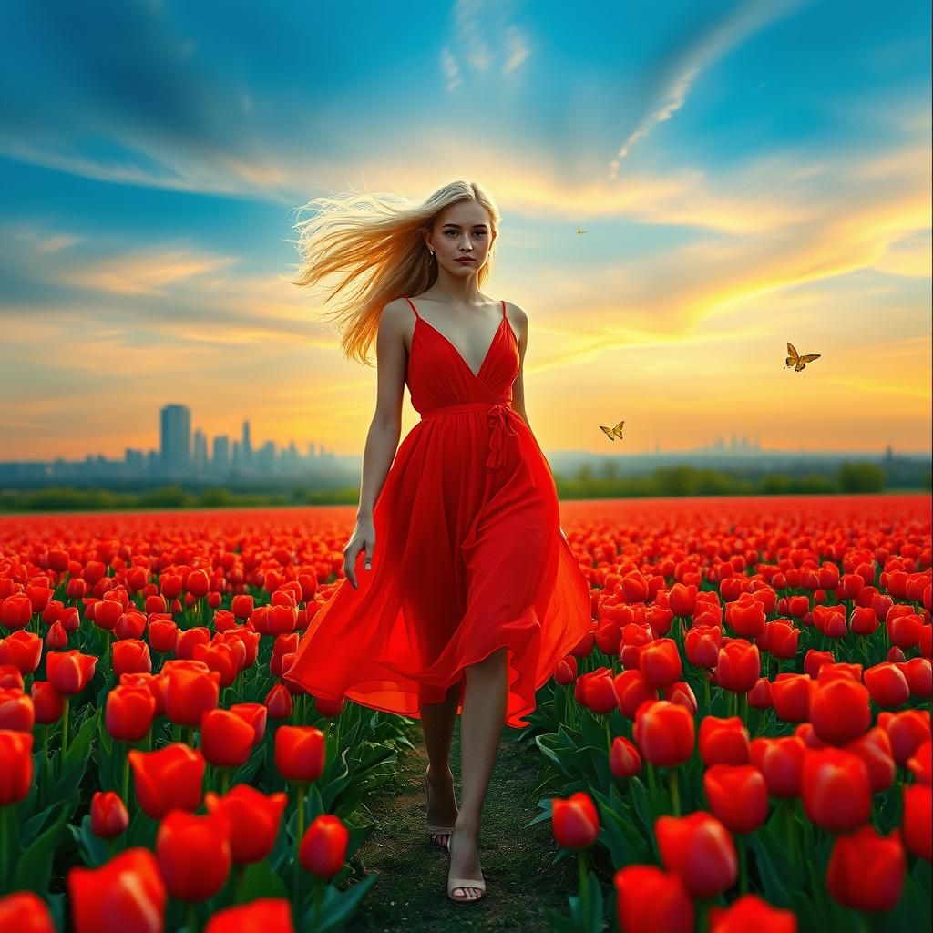 Woman in Red Dress Among Tulips, Cinematic Still