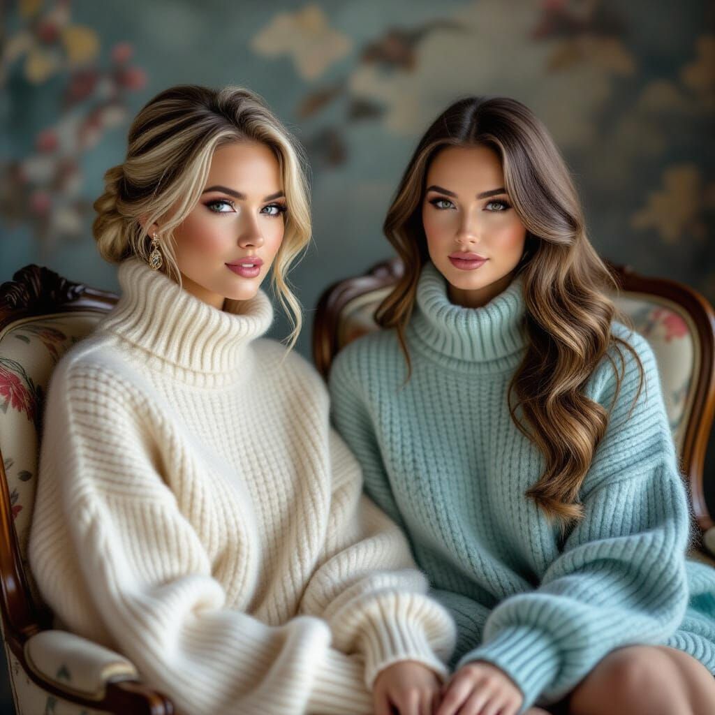 Two Women in Vintage Comic Style with Fuzzy Sweaters