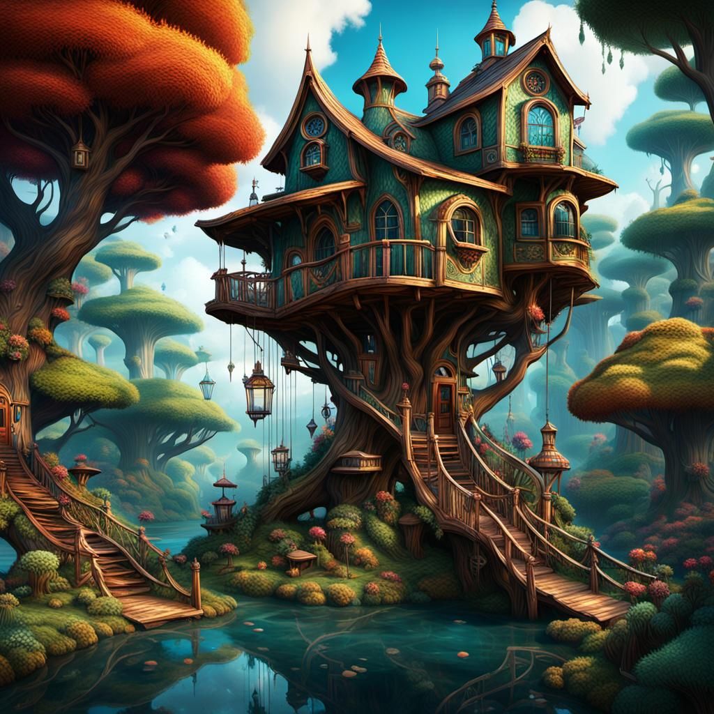 Unique piece of art, It features an unusual treehouse with w...