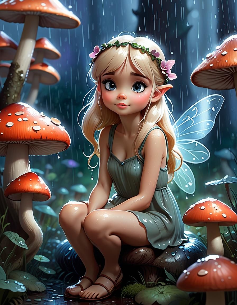 Tiny Fairy Among Mushrooms in Rainy Fantasy Illustration
