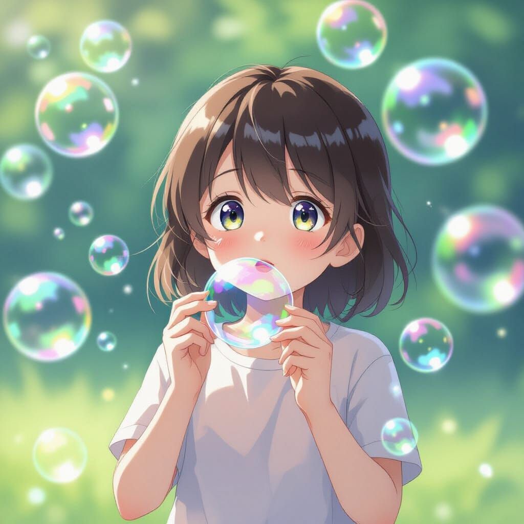 Child Blowing Iridescent Bubbles in Dreamy Blur