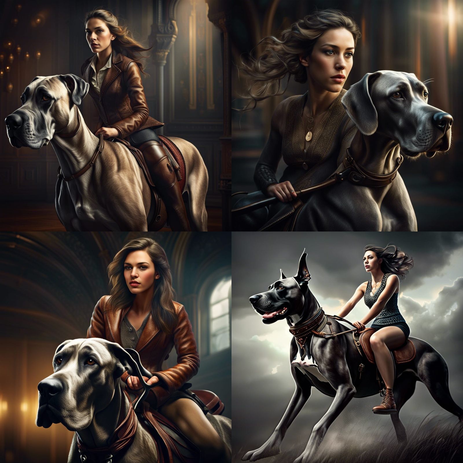 Woman Rides Great Dane in Hyperrealistic Style