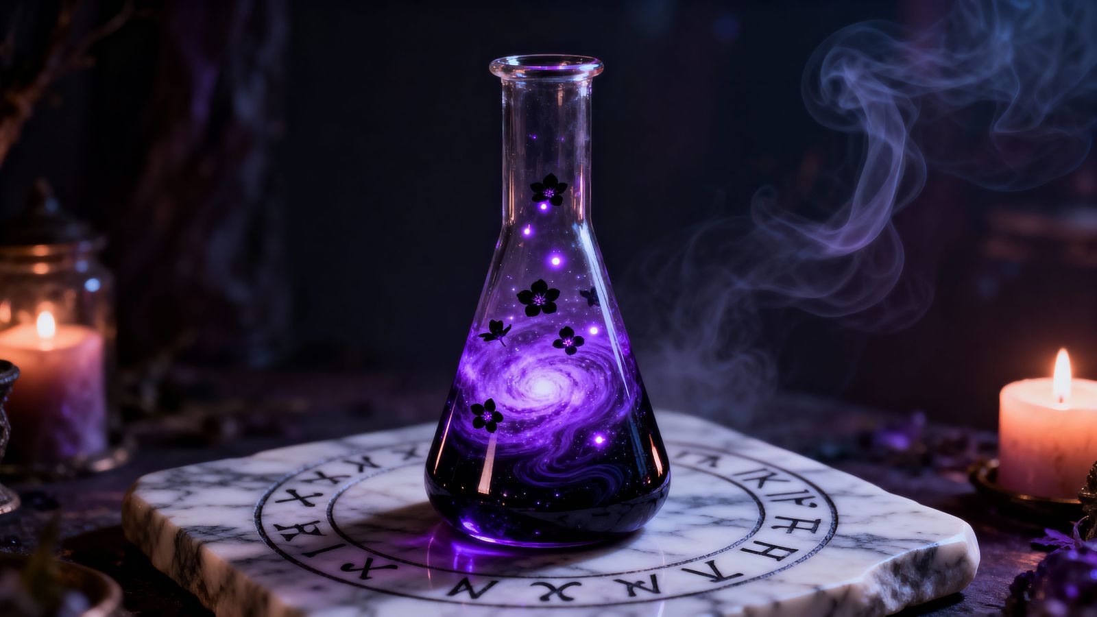 Mystical Flask with Luminous Petals in High Fantasy Style