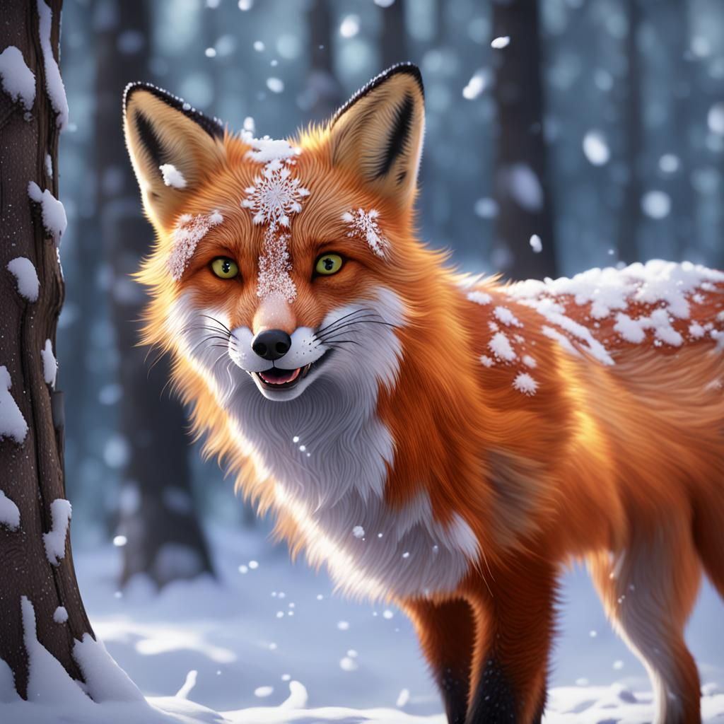 Fantastical Red Fox Surrounded by Snowy Winter Wonderland