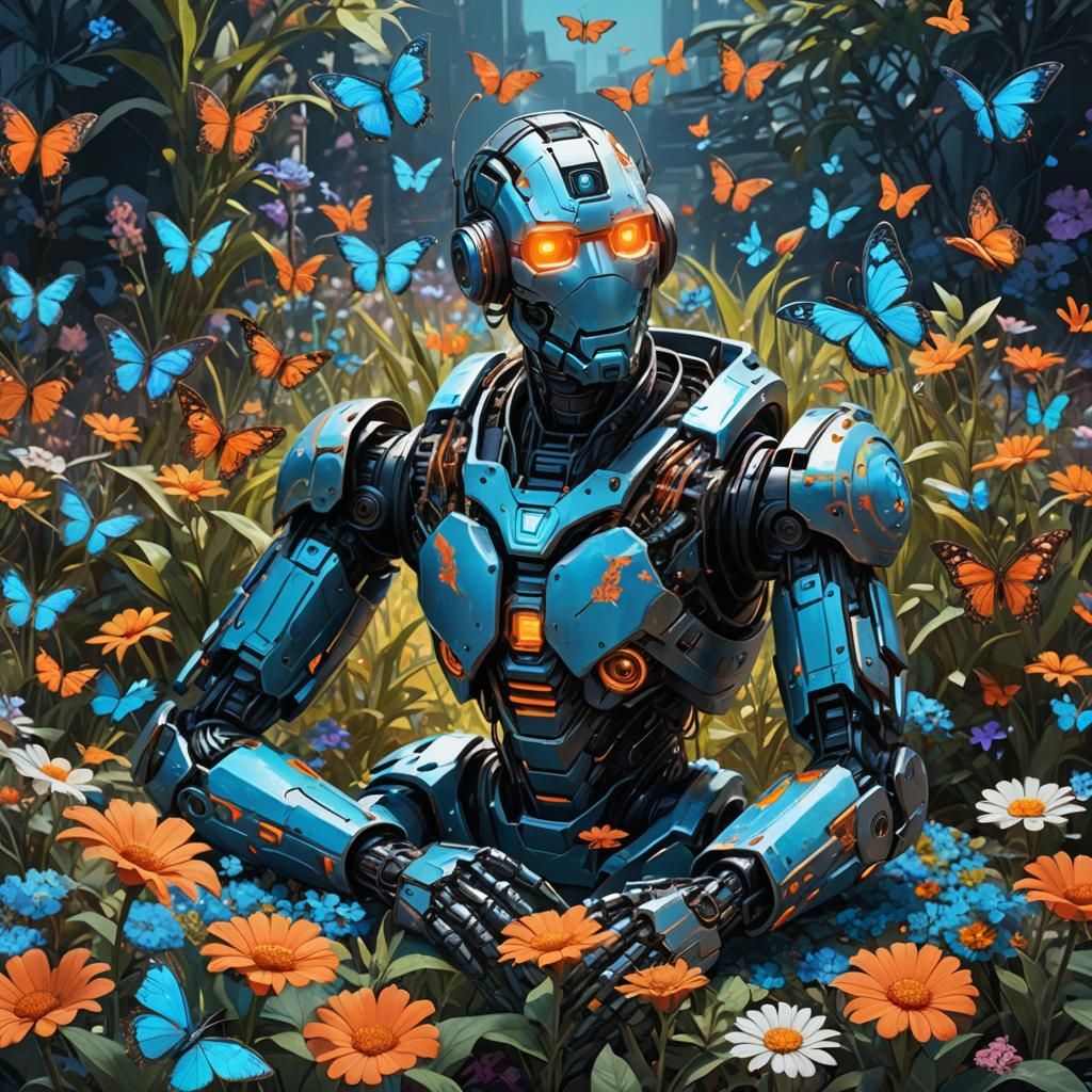 Robot on Flower Bed in Cyberpunk Style