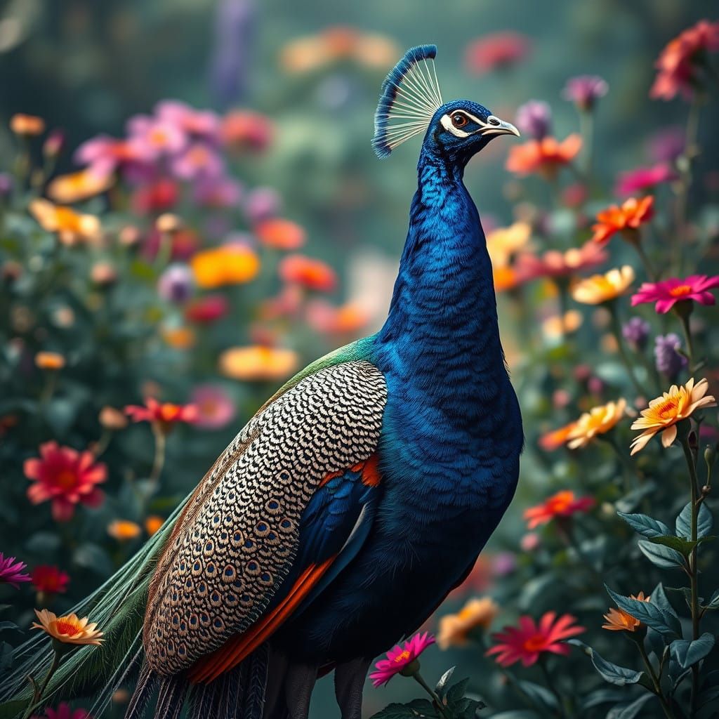 Vibrant Peacock Displays Plumage in Lush Garden