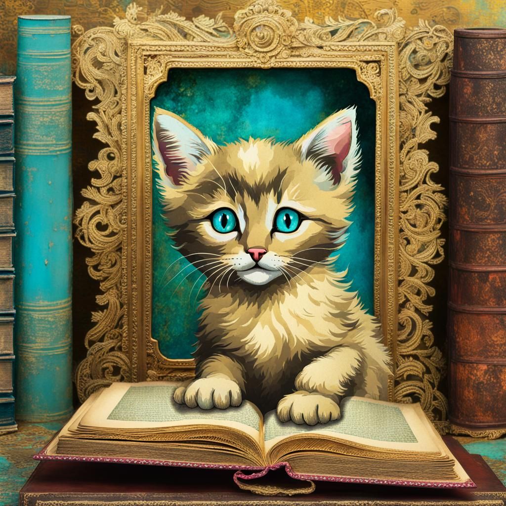 Golden Kitten Among Vintage Books, Antique Style