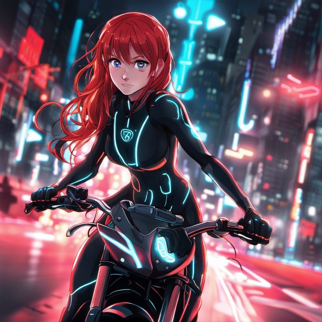 Red-Haired Girl on Light Bike in Anime Style