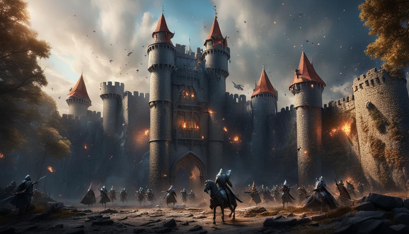 Knights Battle in Castle: Detailed Matte Painting