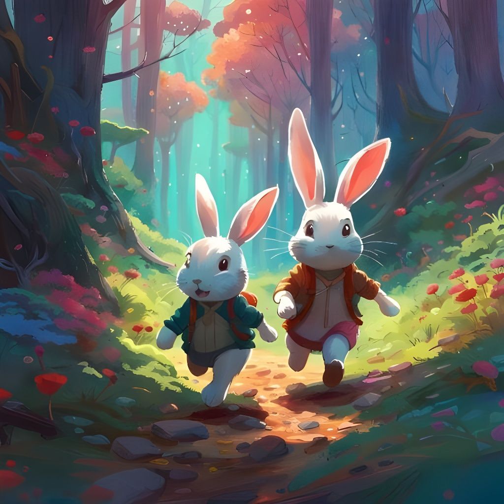 Rabbits running through the forest