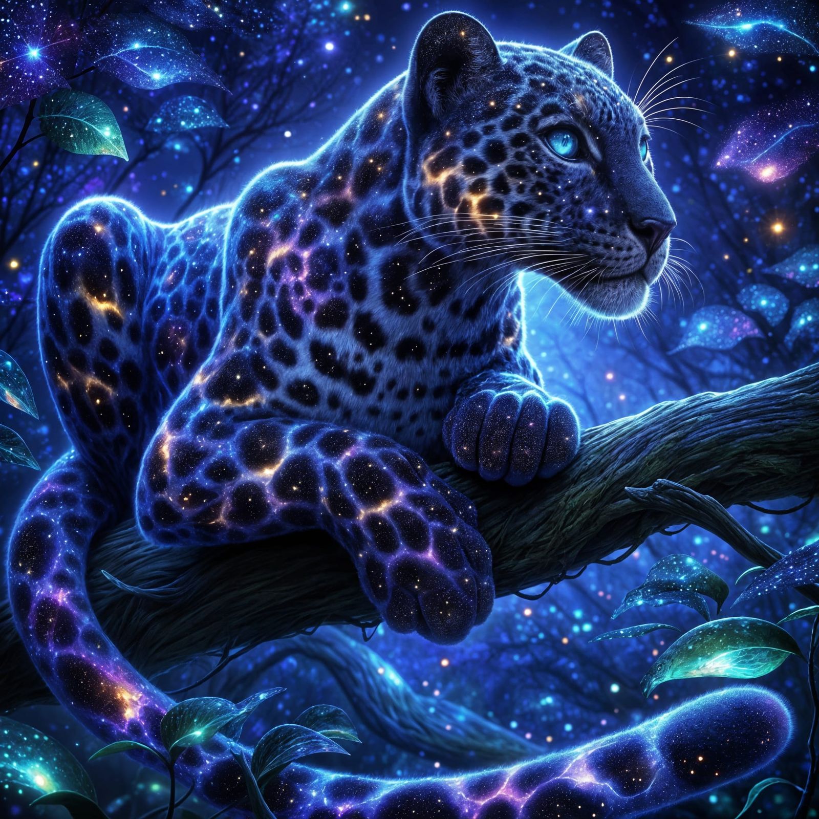 Nebula Leopard in Bioluminescent Forest, Digital Art