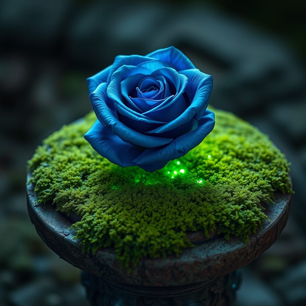 Magical Blue Rose on Stone Pedestal in Dark Fantasy