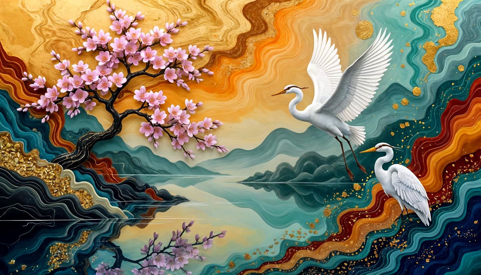 Fluid Art Chinese Landscape With Golden Accents