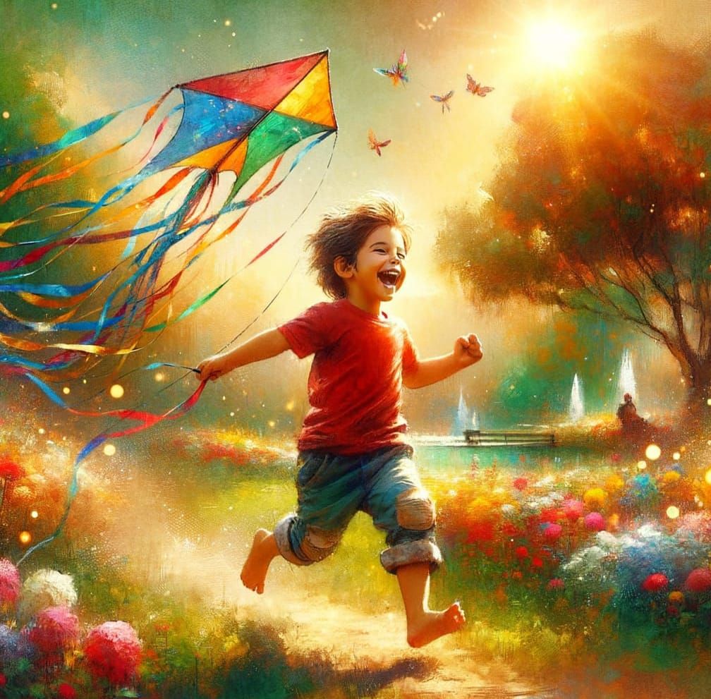 Boy Running With Kite: Impasto Watercolour Oil Painting