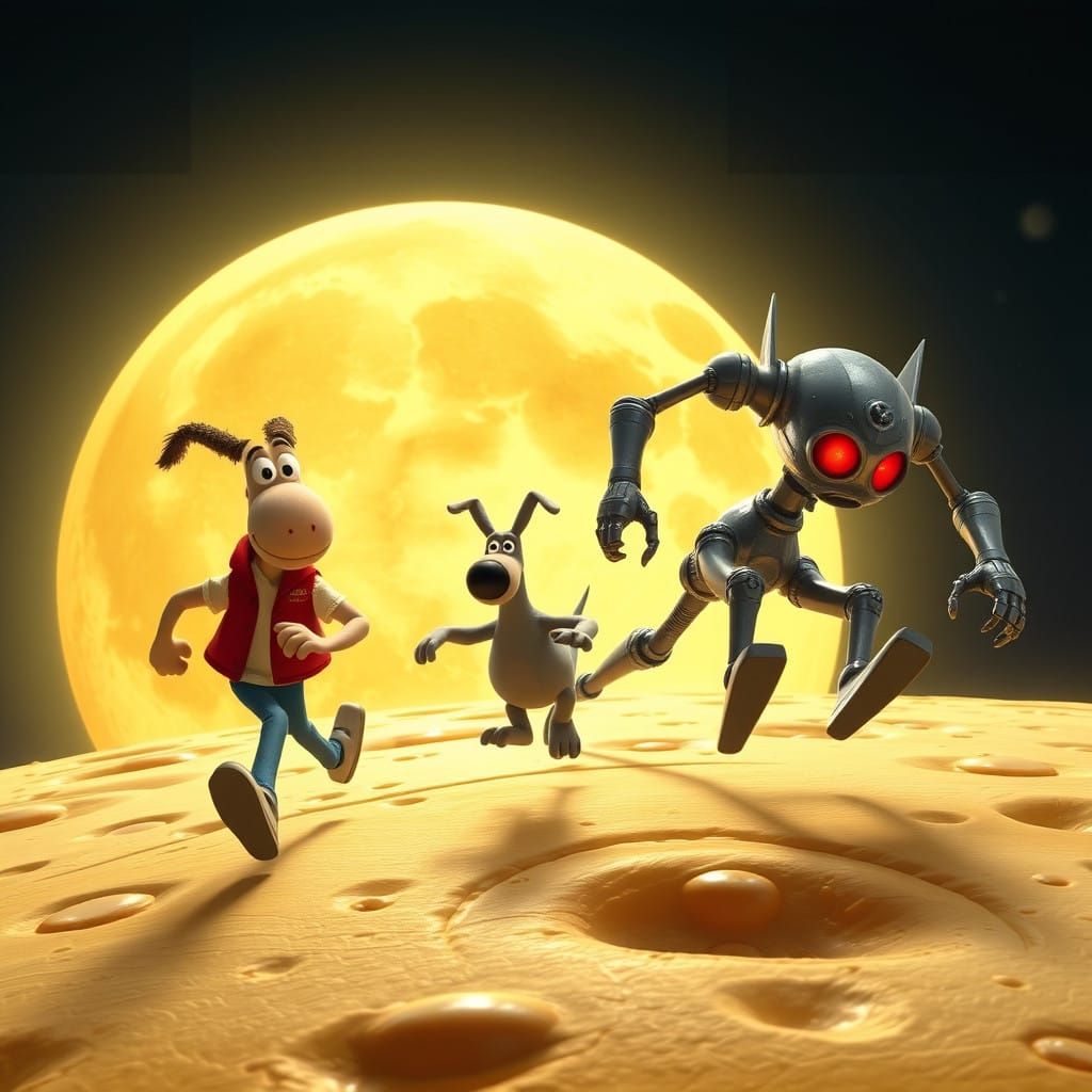 Cheesy Robot Chase in a Dreamlike Landscape