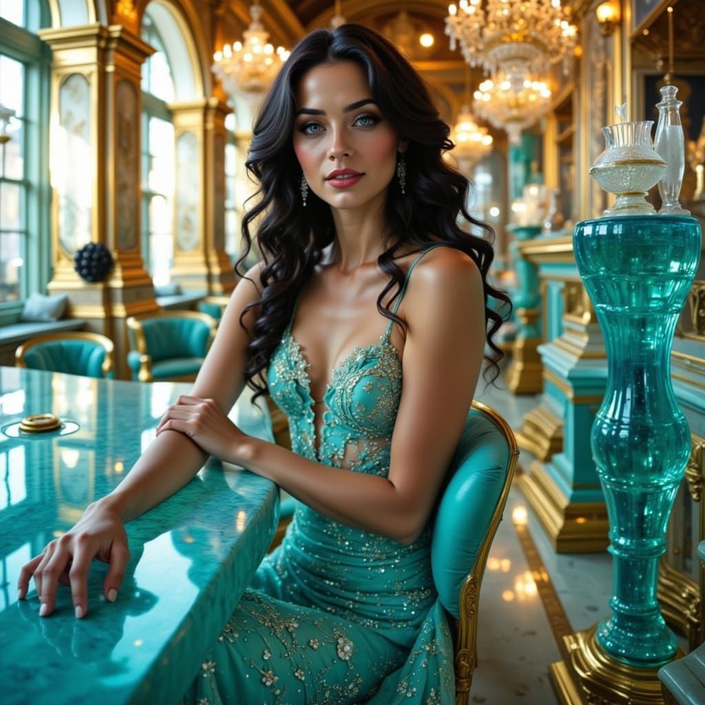 A woman dressed in turquoise attire, seated at a bar