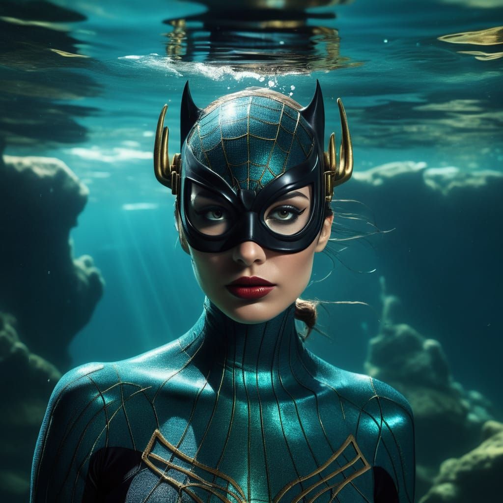 Catwoman Spider-Woman Hybrid in Underwater Ruins