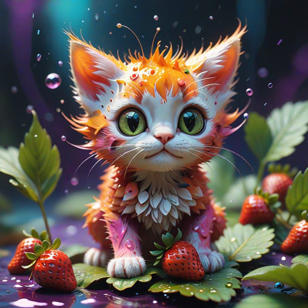 Dreamlike Strawberry-Kitten in Vibrant Graffiti Vortex