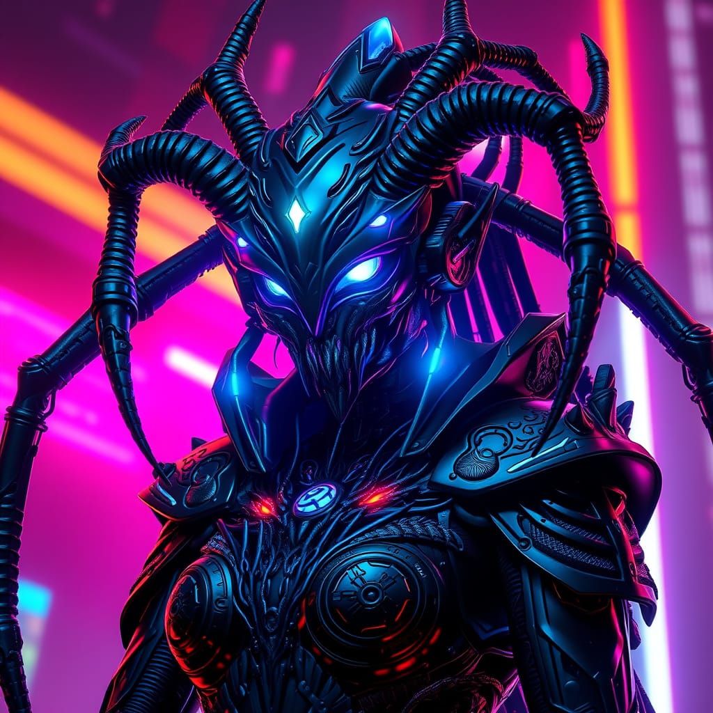 Cyberpunk Spider Queen in Neon Cityscape