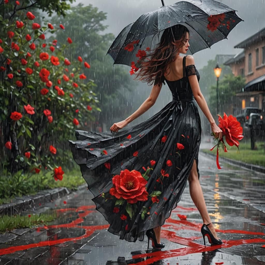 Dreamlike Woman with Red Flowers, Digital Art