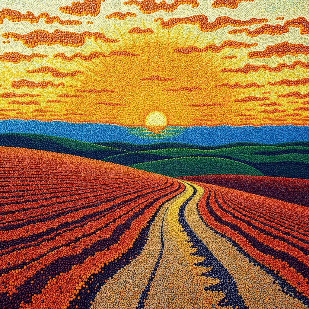 Vibrant Countryside Sunset in Neo-Impressionist Style