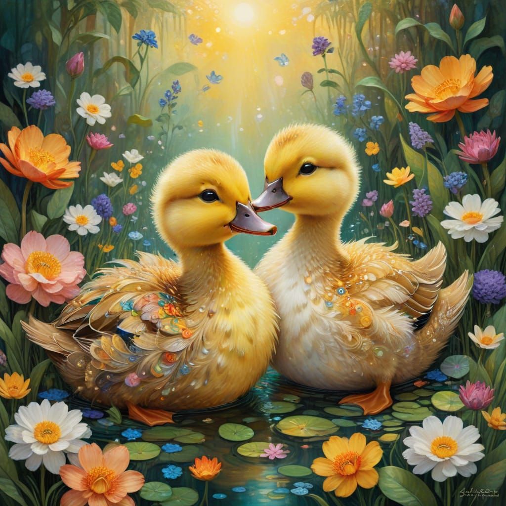 Whimsical Duckling Couple in Lush Floral Paradise