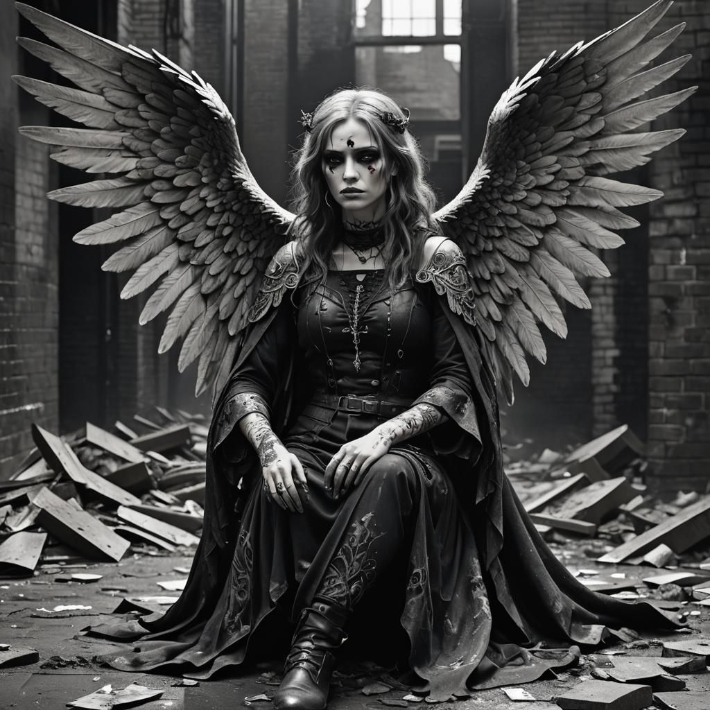 Gothic Fallen Angel in Gritty Urban Landscape