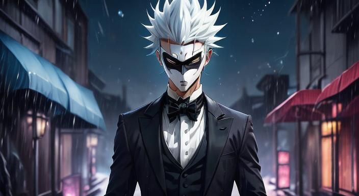 Confident Anime Man in Masquerade Tuxedo