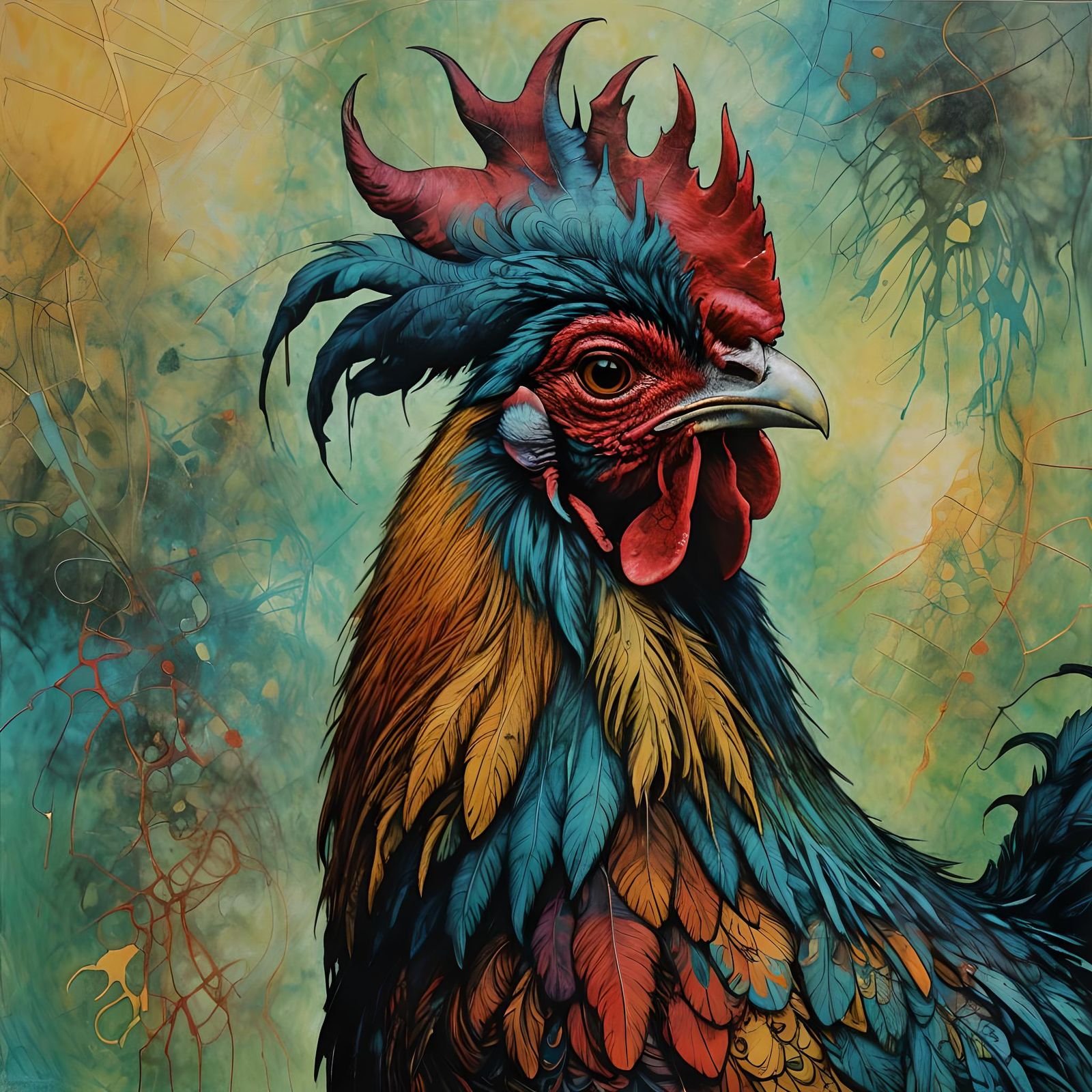 Surrealist Rooster Drawing in Expressive Chiaroscuro Style