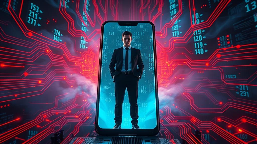Man Drawn Into Phone Screen in Retrofuturistic Style