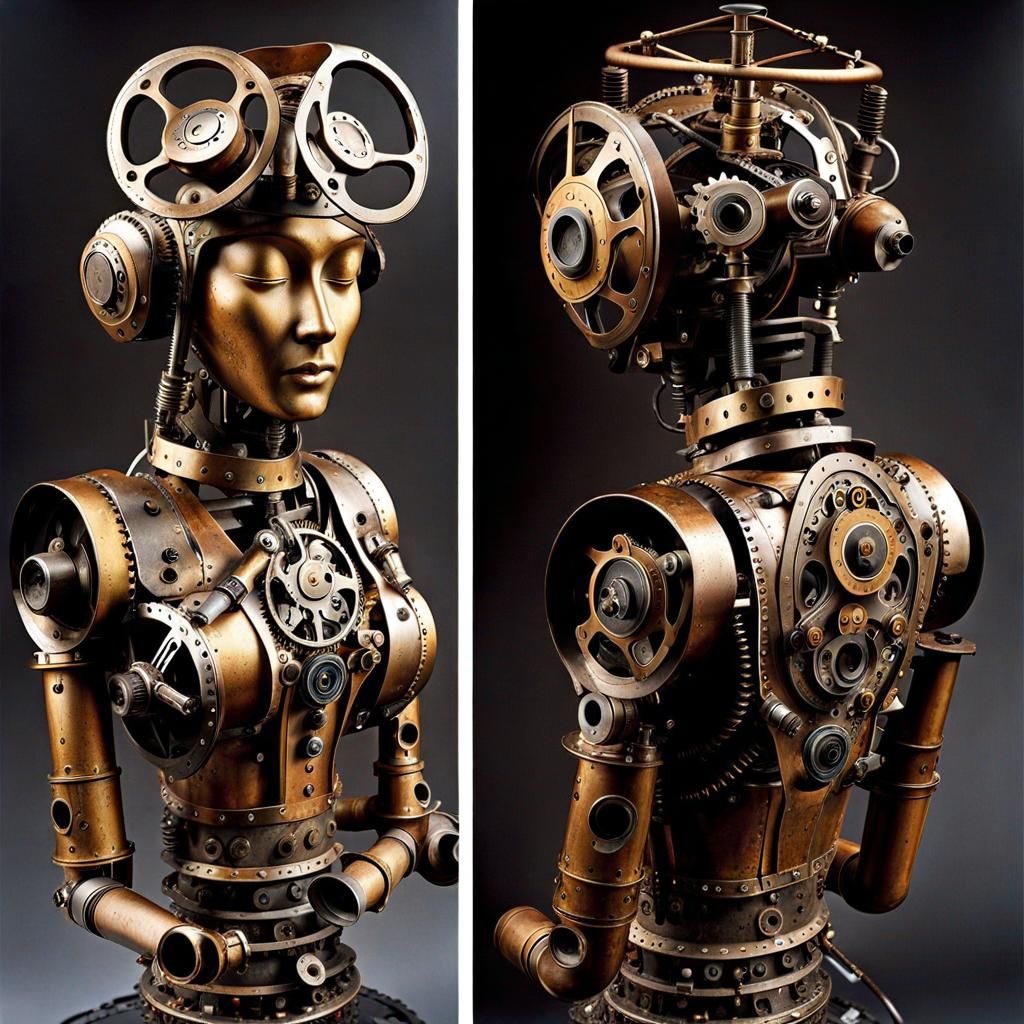 Intricate Metal Sculpture of Praying Figure in Dieselpunk St...