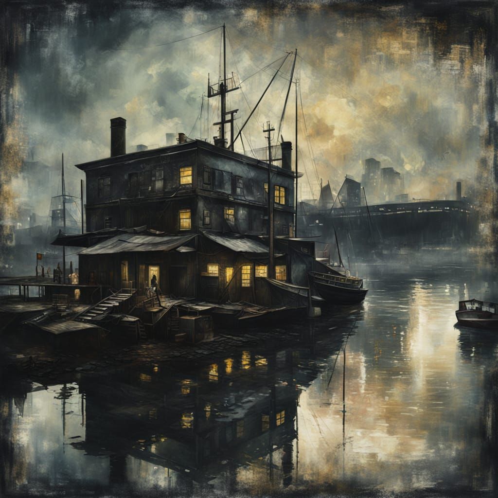 Grunge Dystopian Harbour Scene in Dark Oil Paint Style