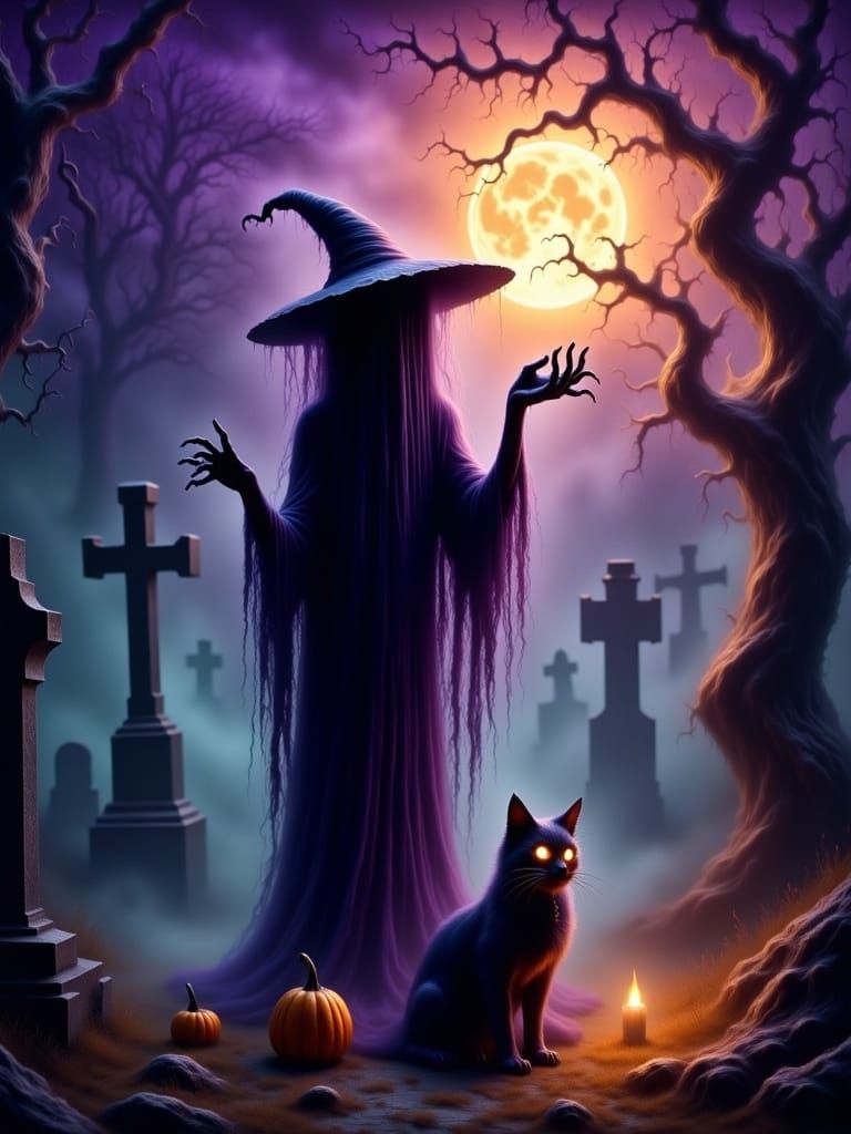 Halloween Witch Casting Spell in Cemetery