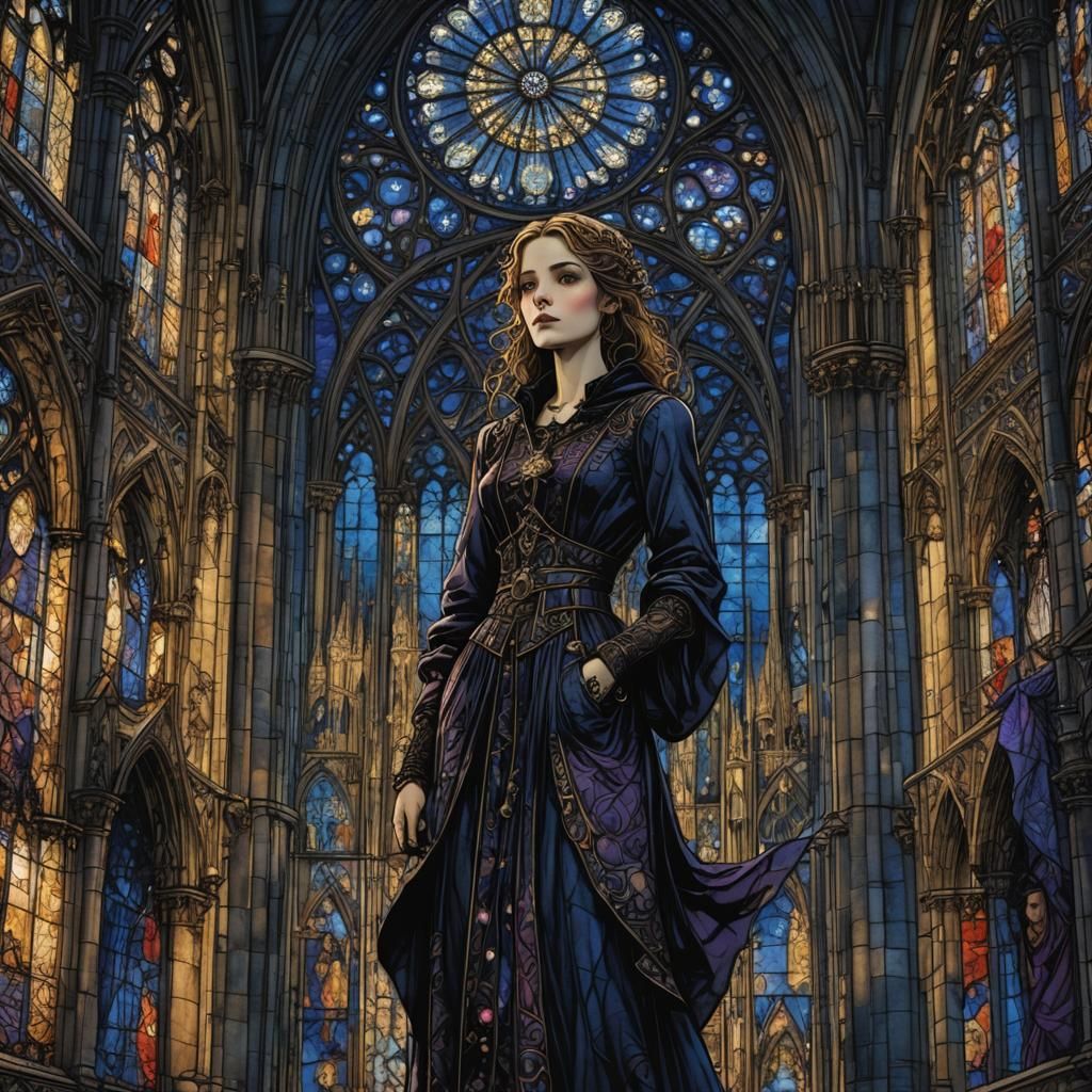 Gothic Goddess in Moonlit Cathedral