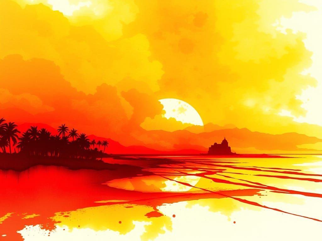 Vibrant Red and Yellow Beach Landscape in Ink Color