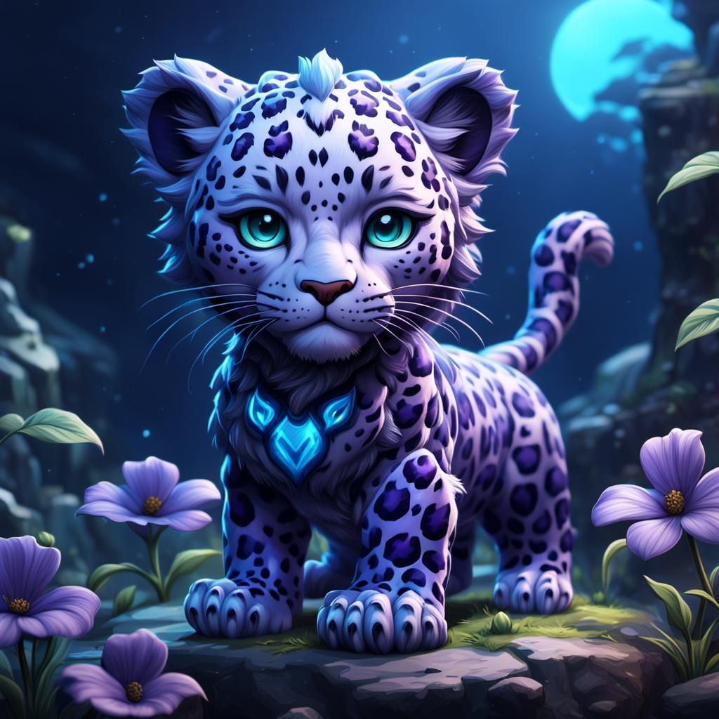 Chibi Leopard in Blue and Violet: Detailed Fantasy Art