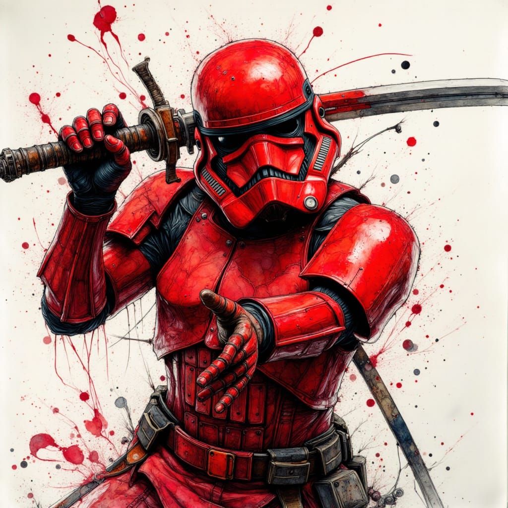 Red Stormtrooper with Katana in Dynamic Ink Style