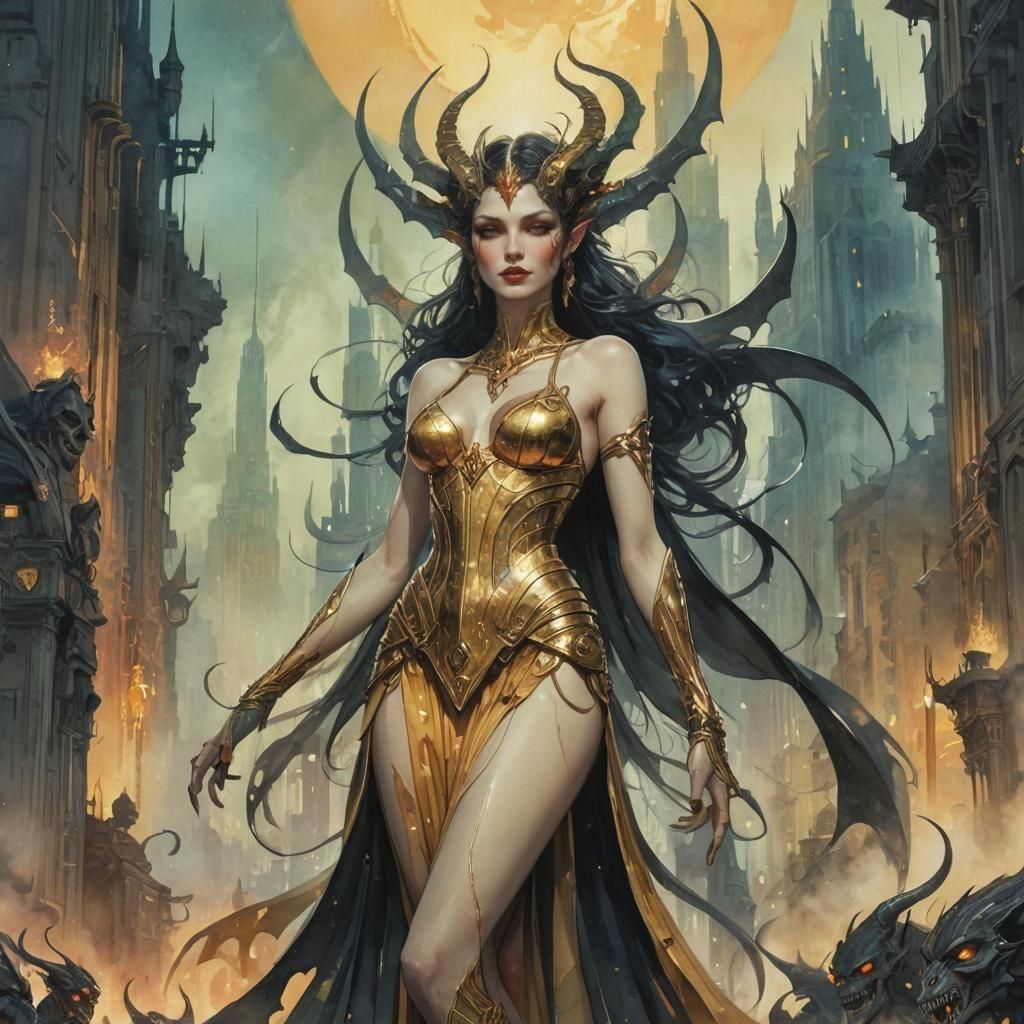 Demon Queen in Hellish City: Art Deco Illustration