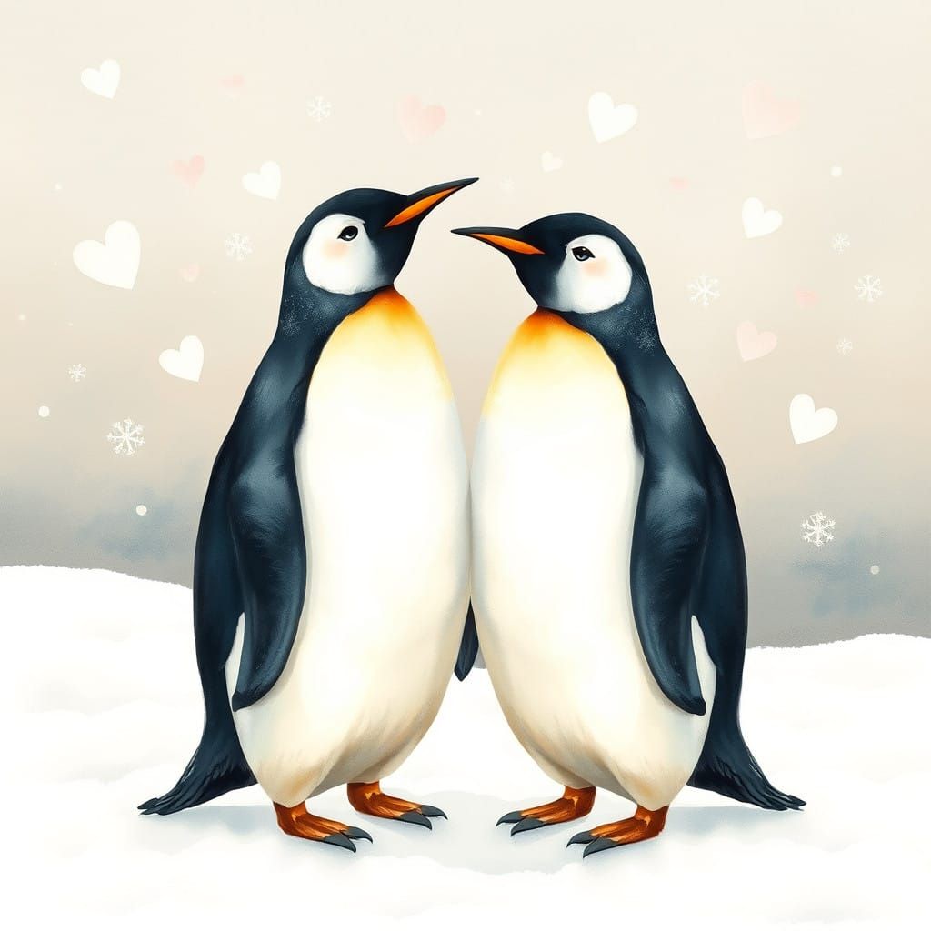 Whimsical Emperor Penguins amidst Snowflake Hearts in Classi...