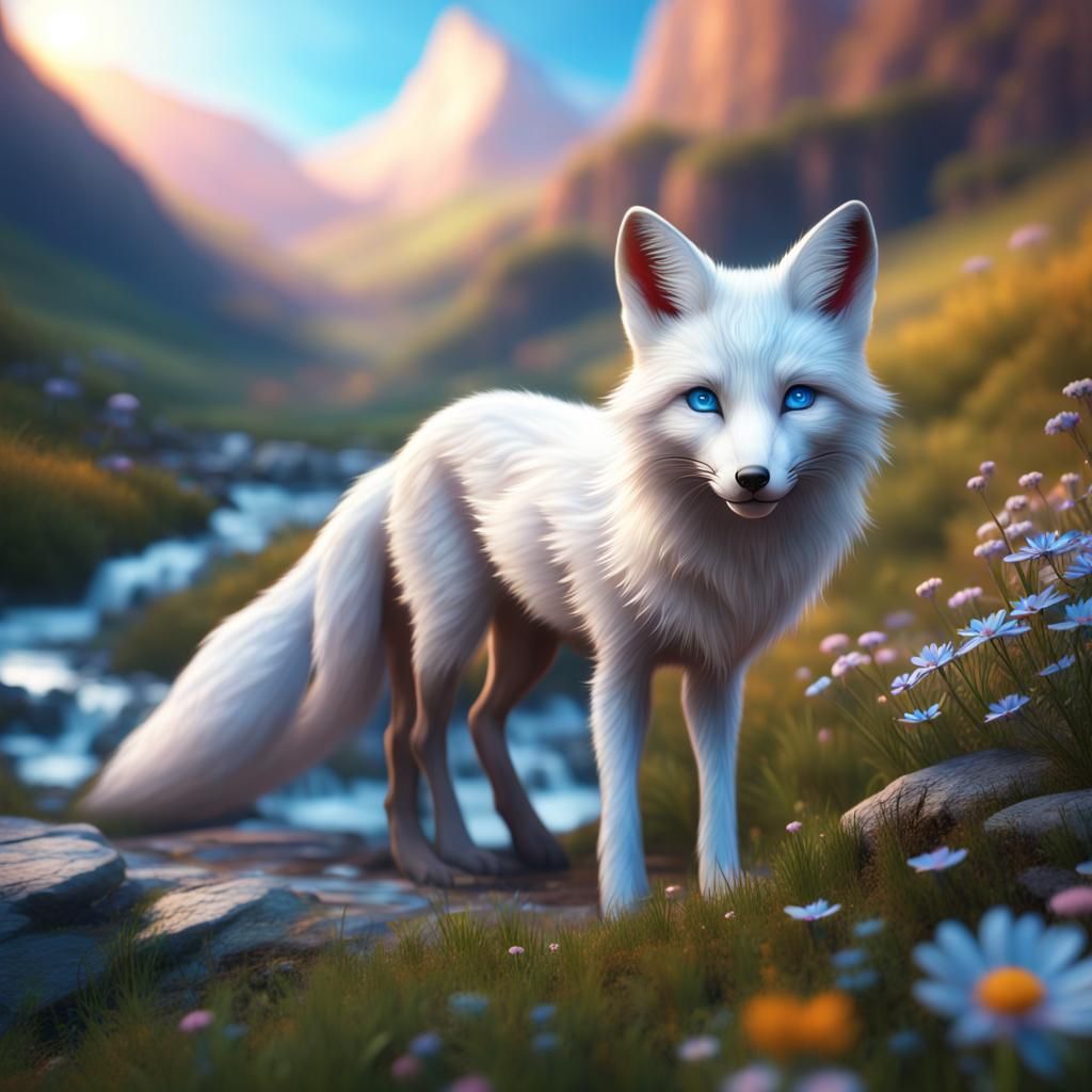 Albino Fox in Mountain Valley: 3D Rendered Dawn Scene
