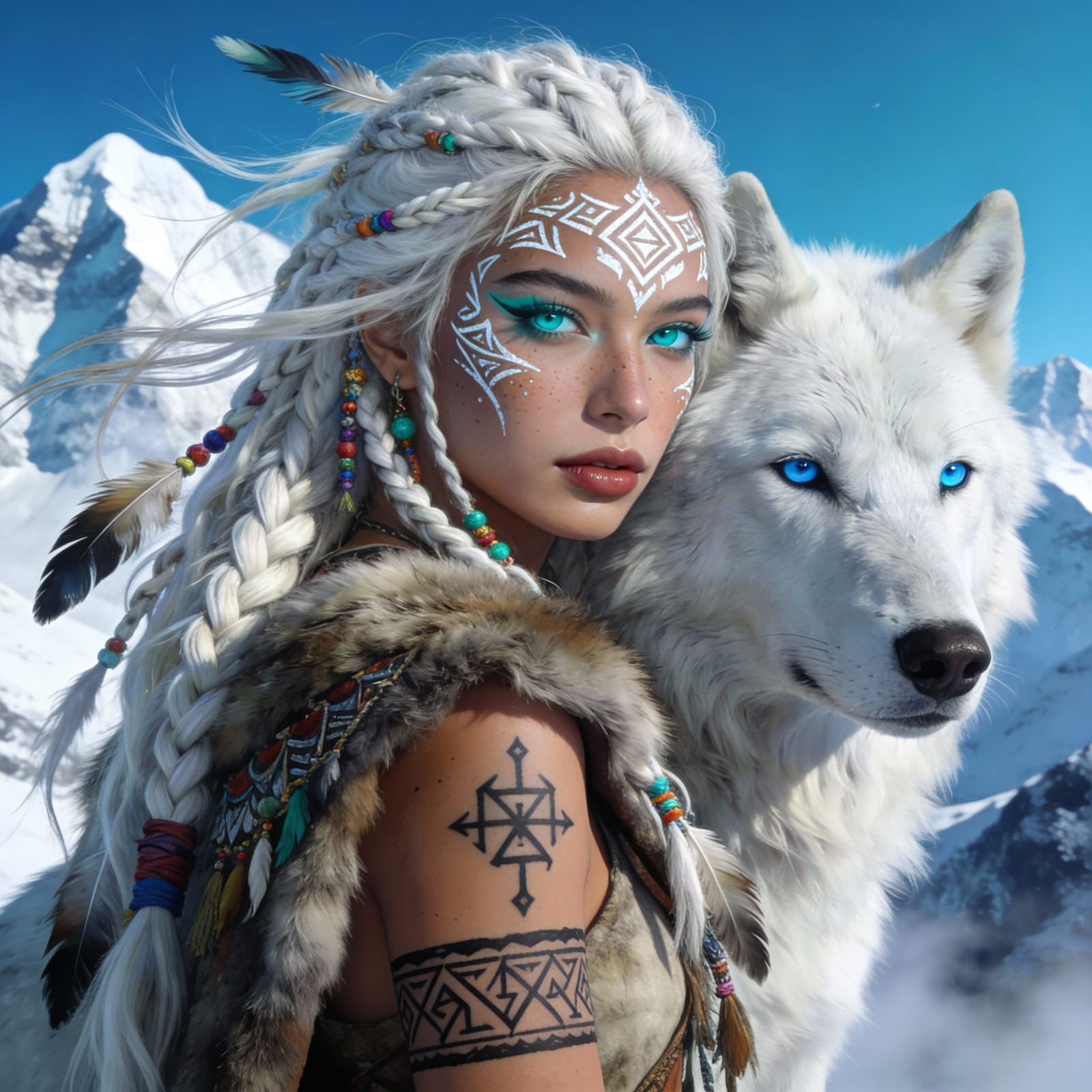 Fantasy Portrait of Woman with Arctic Wolf