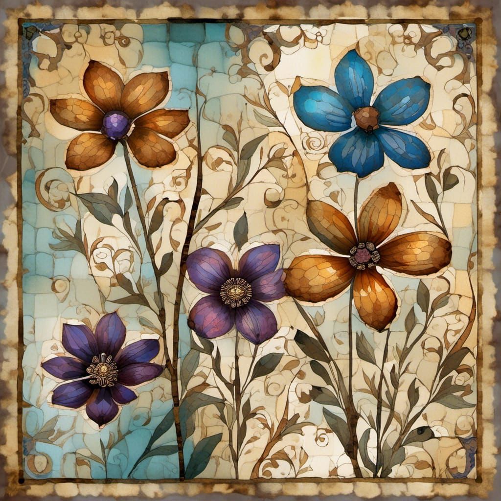 Mixed Media Collage with Floral Mosaic on Parchment