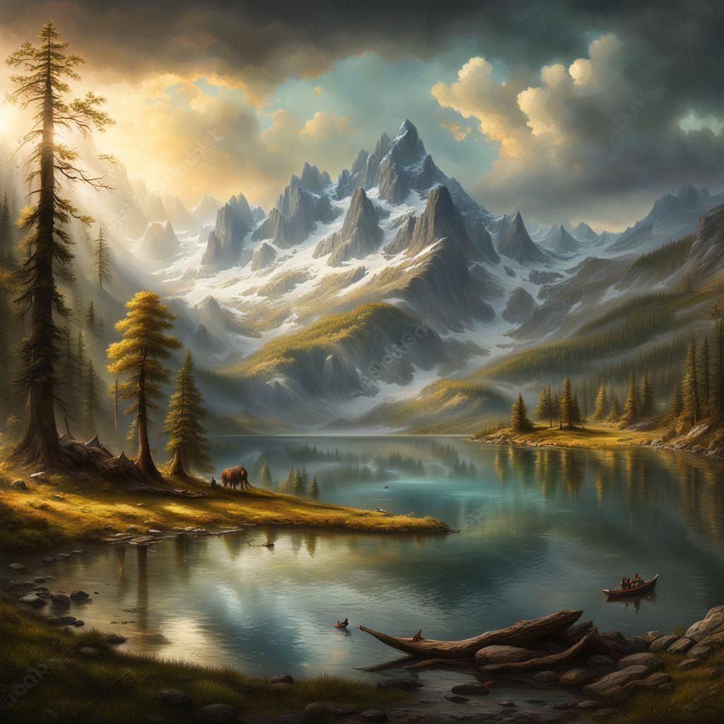 Mountain Lake Landscape in Luminist Style