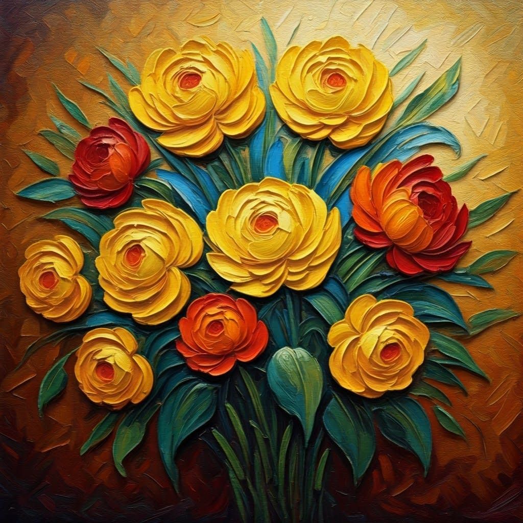 Expressive Oil Painting in Van Gogh Style with Vibrant Flowe...