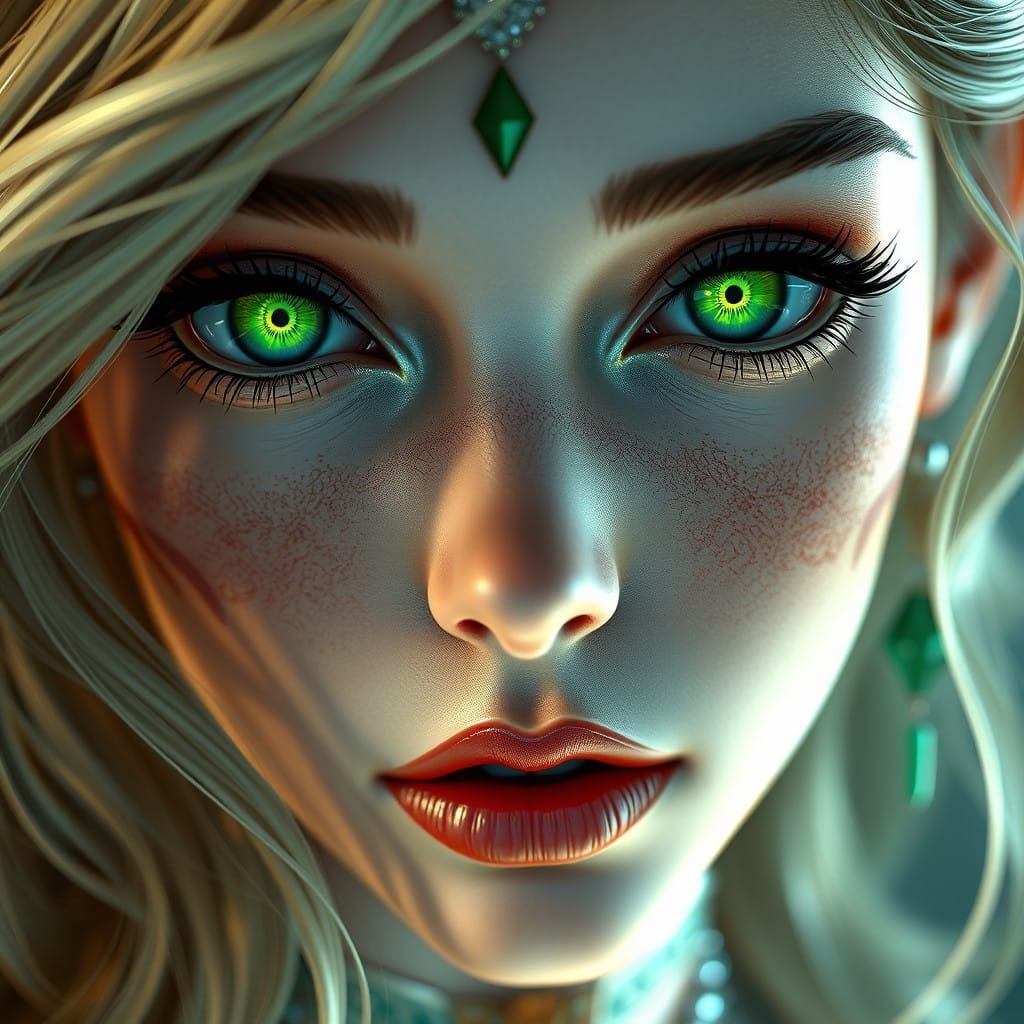 Hyperrealistic Portrait of a Woman with Vibrant Green Eyes i...