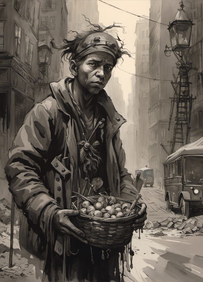 Emotional Portrait of Street Urchin in Monochromatic Waterco...