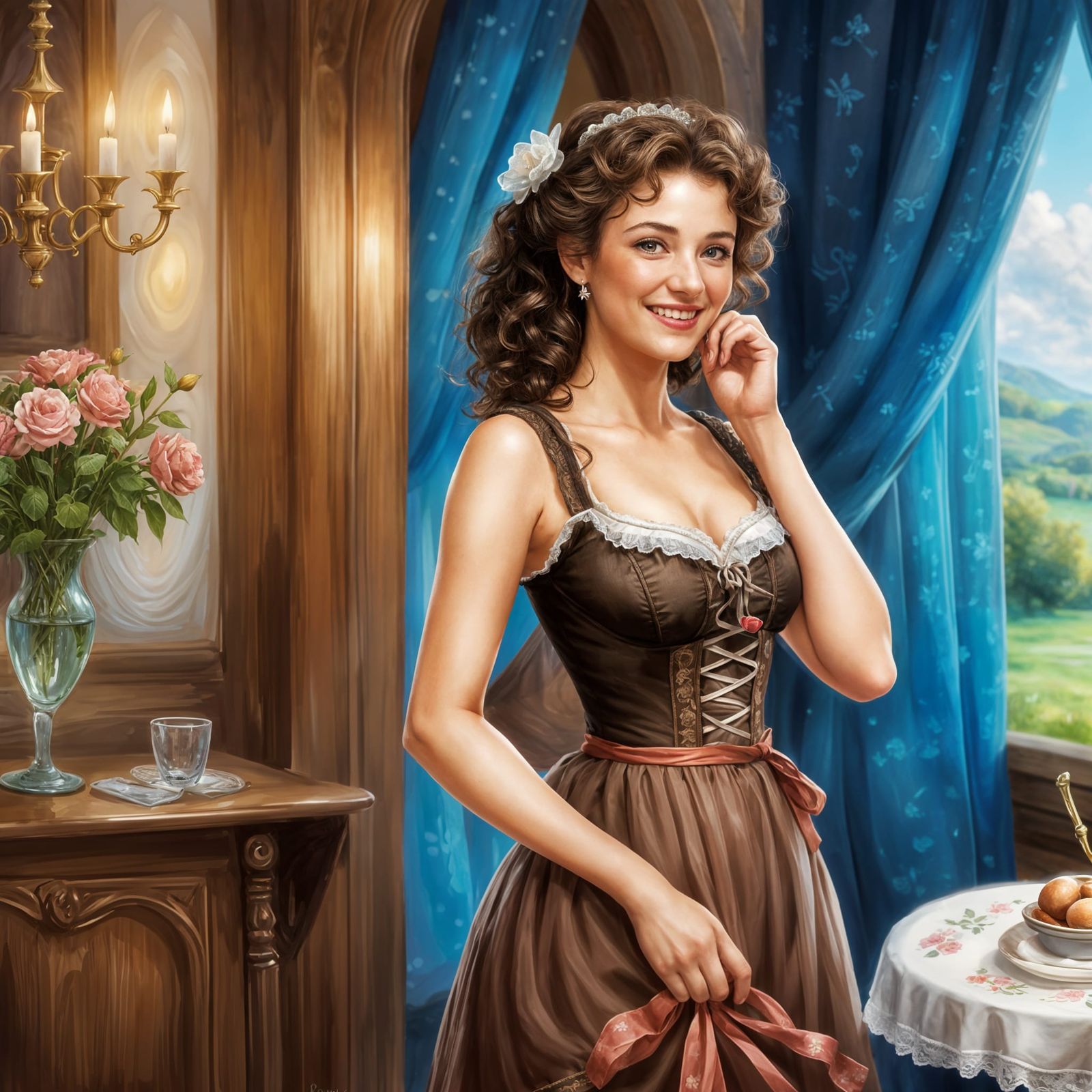 Beautiful happy French lady waiting in the living room